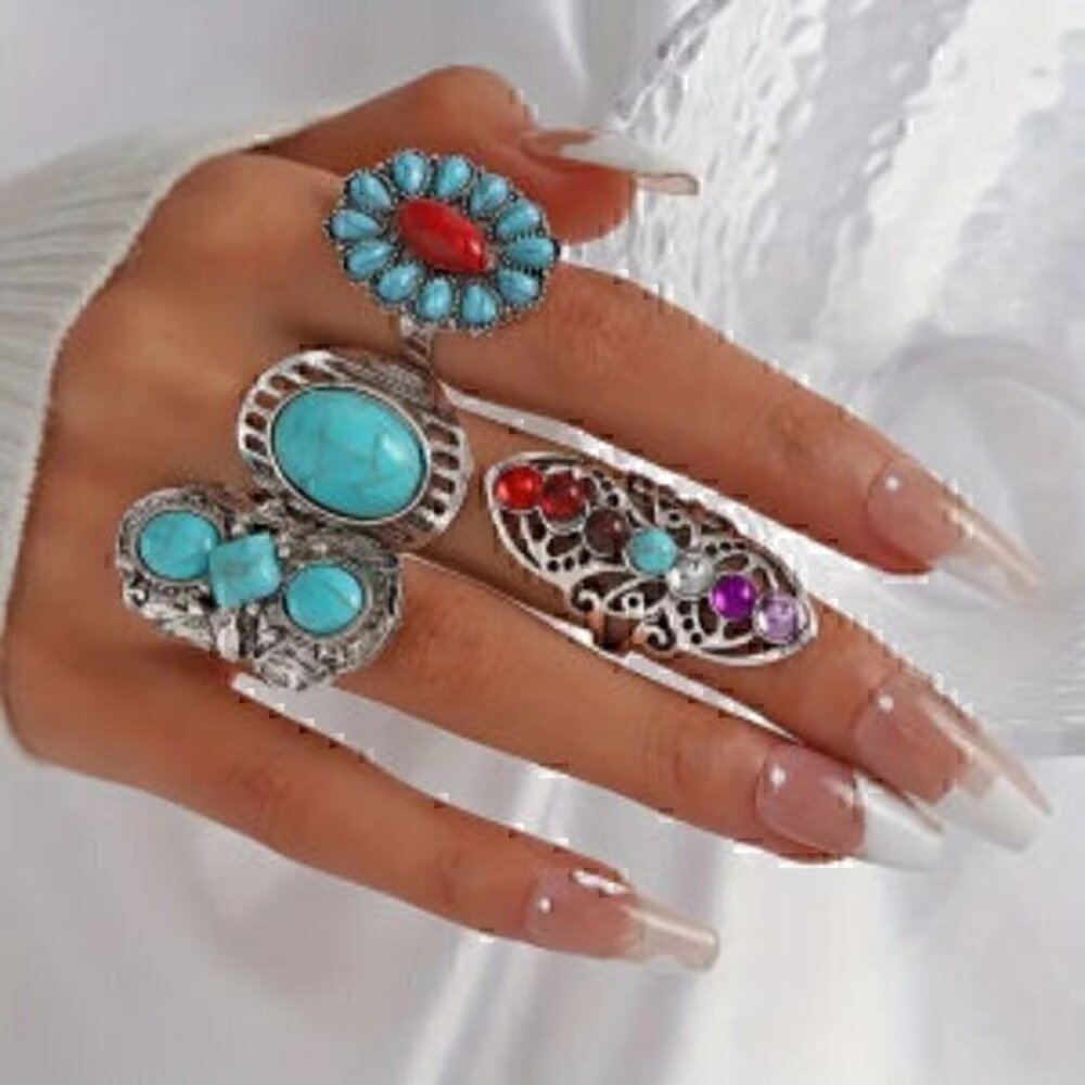 Bohemian Turquoise Adjustable Silver Ring Set